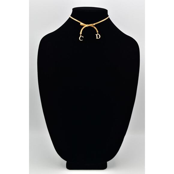 Christian Dior Vintage Bow Choker Necklace Logo CD Charm Gold Chain Signed BinBJ - Picture 2 of 12
